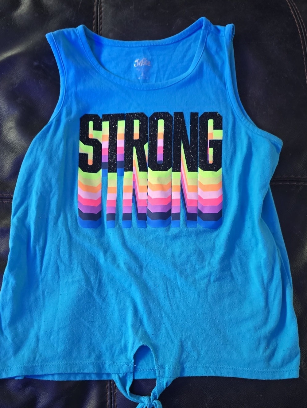 Justice Blue Tank Top with Rainbow STRONG Graphic